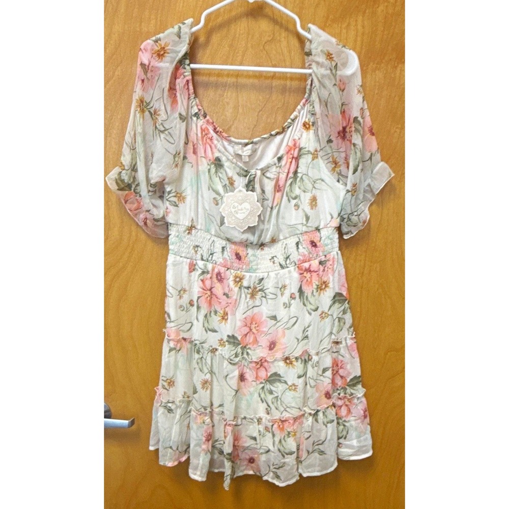 Indulge Women's Floral Smocked Puff Sleeve Ruffle Mini Dress XL White Pink NWT - Picture 2 of 10